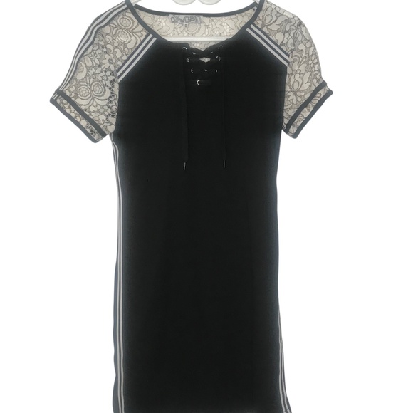 Lace-Up Neck Sheer Sleeves Striped Trim Bodycon Dress Size M - Picture 1 of 15